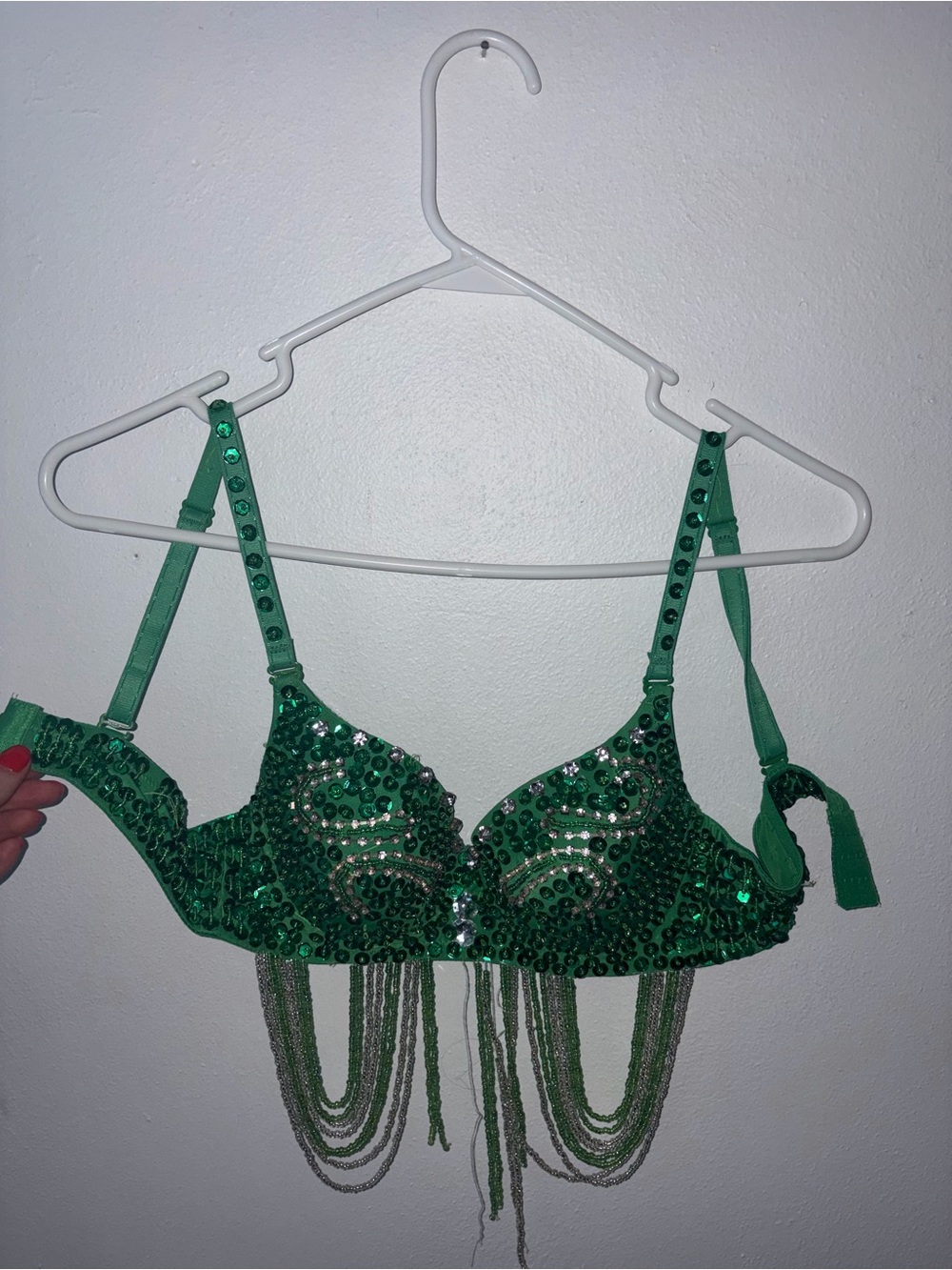 Emerald Sequin Fringe Bra with Draped Chain Detail